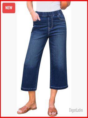 High Waisted Wide Leg Capri Jeans Stretchy Pull On Elastic Waist Pockets